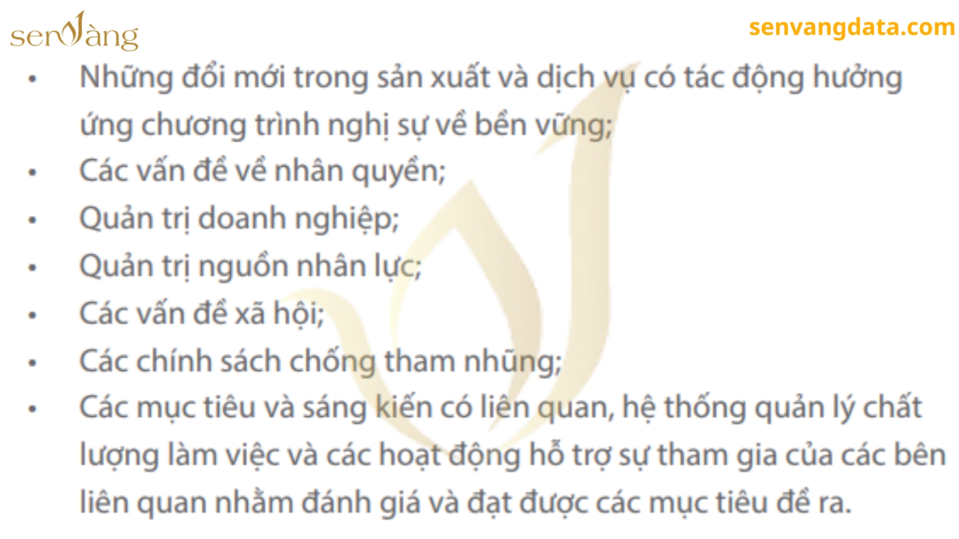 Các nội dung chính có trong báo cáo phát triển bền vững. Nguồn: Sen Vàng