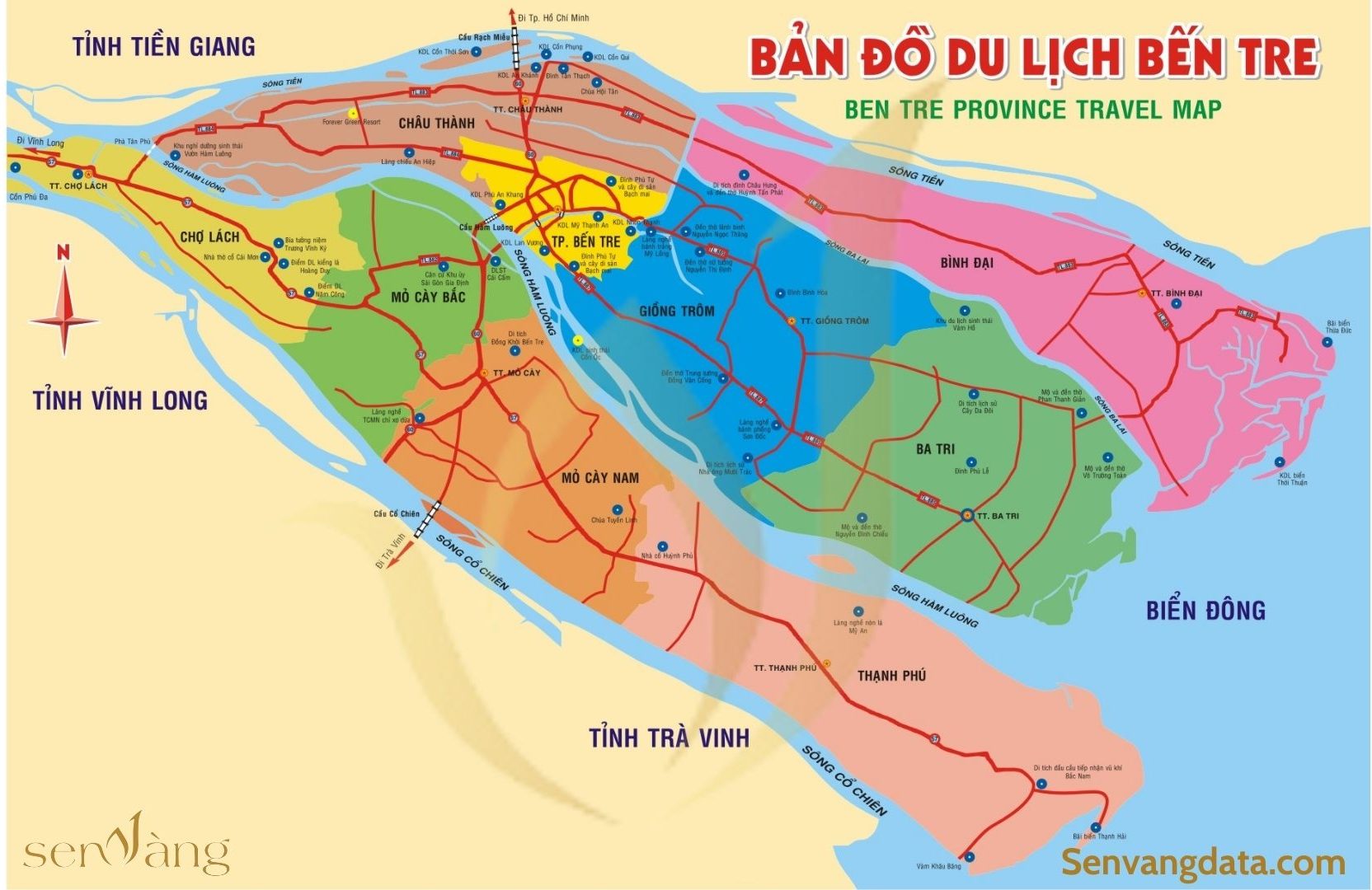 Bản đồ du lịch tỉnh Bến Tre. Nguồn: Sen Vàng tổng hợp
