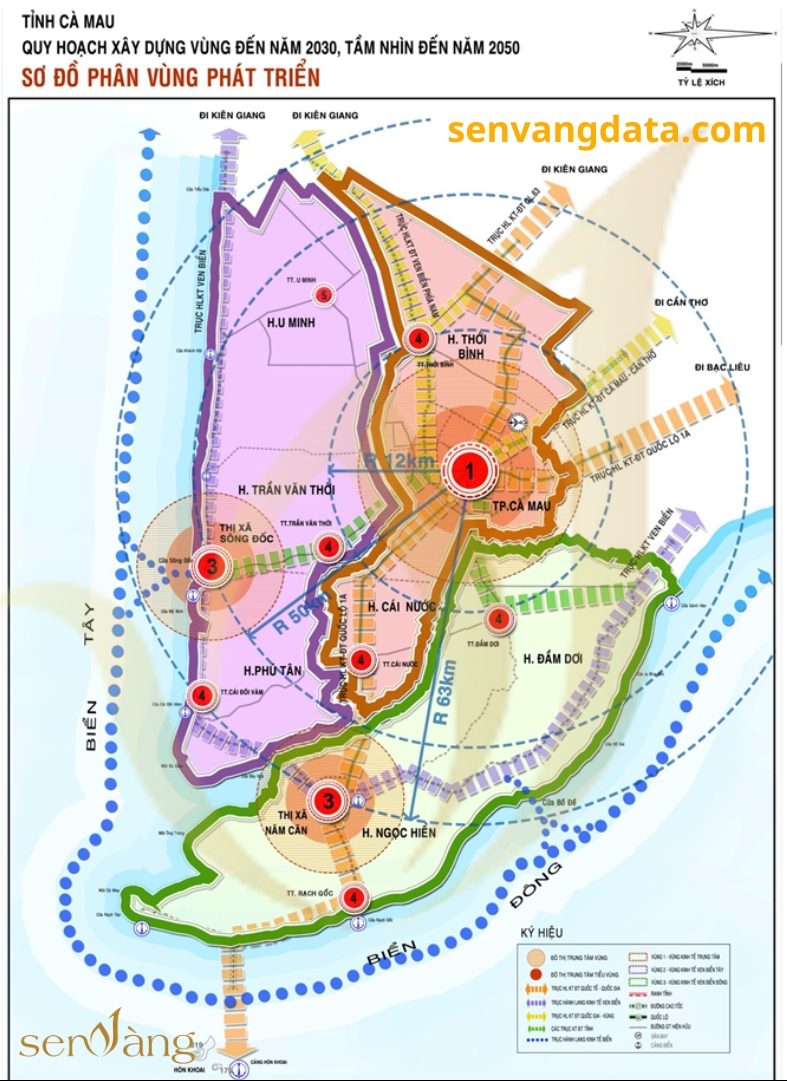 Bản đồ quy hoạch sơ đồ phân vùng phát triển kinh tế tỉnh Cà Mau. Nguồn: Sen Vàng
