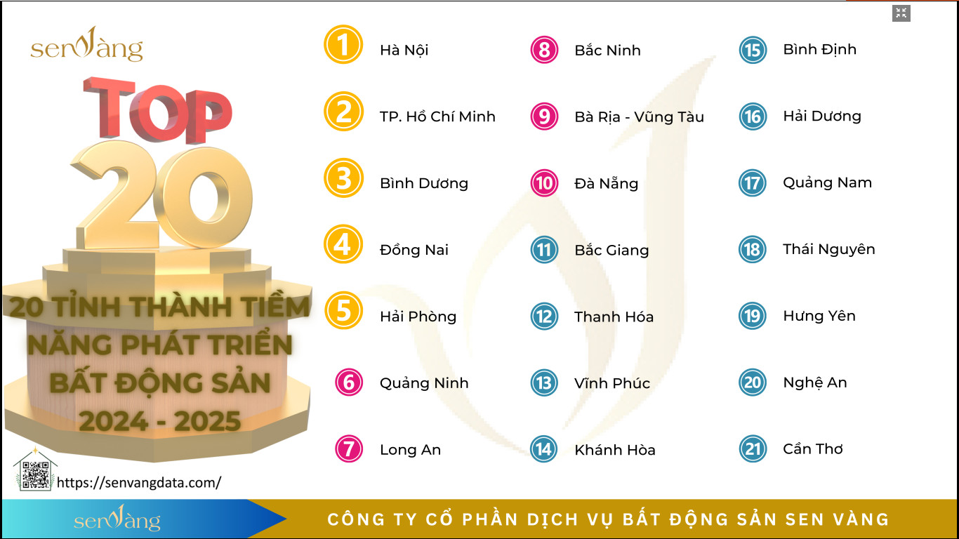 Bảng xếp hạng Top 20 tỉnh, thành có tiềm năng tăng trưởng bất động sản trong giai đoạn 2024 - 2025.